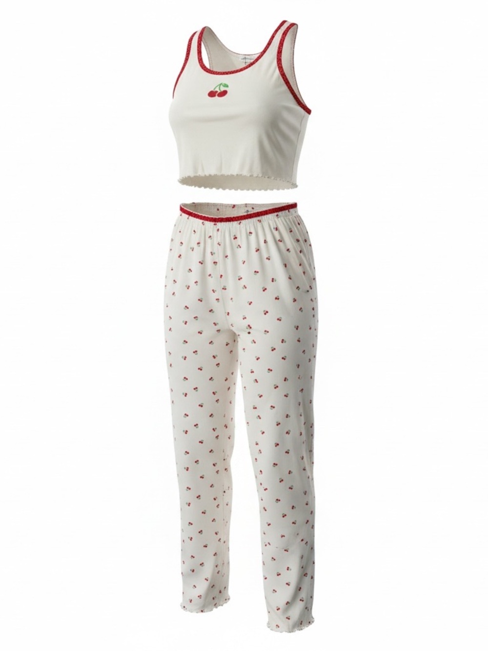 Cherry-Print Cream Women’s Pajama Set with Red Trim